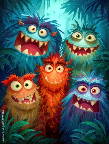 Colorful, cartoonish monsters surrounded by lush foliage.