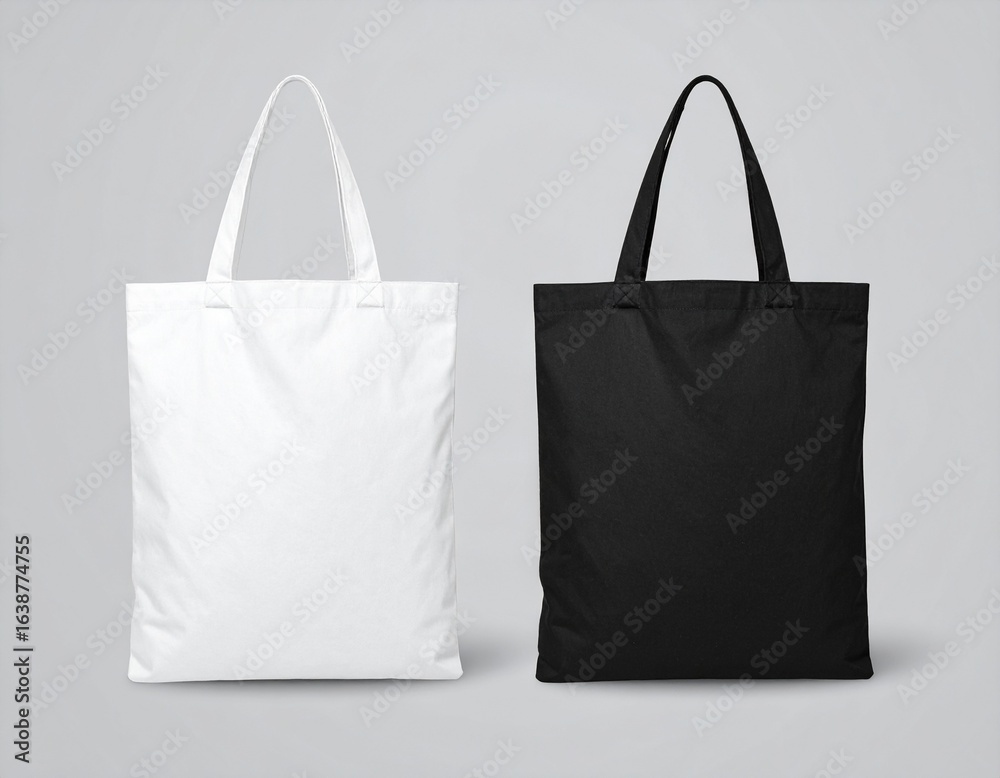 White and Black Tote Bags Mockup on Grey Background – Minimalist Canvas Bag Design White and Black Tote Bags Mockup on Grey Background – Minimalist Canvas Bag Design