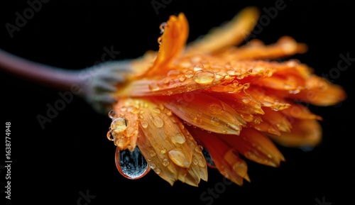 Orange flower, dew drops, dark background, macro shot, nature photography
