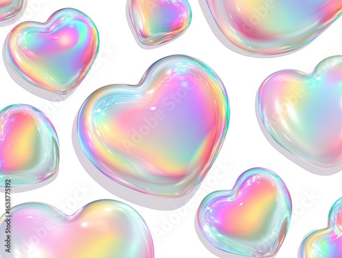 Holographic hearts on white background