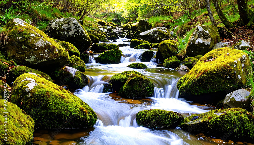 Obraz premium A quiet stream flowing over smooth, moss-covered rocks