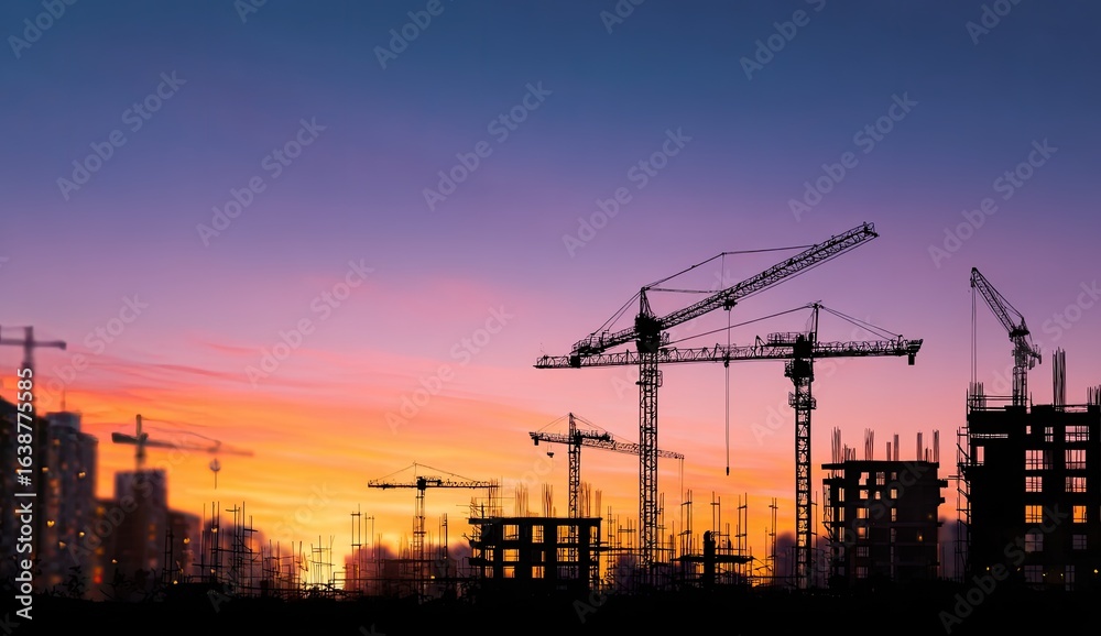 Fototapeta premium Cityscape construction site sunset silhouette