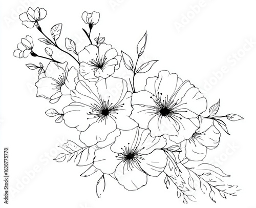 Elegant black and white floral bouquet.  Delicate blossoms, stems, and leaves.  Intricate line art