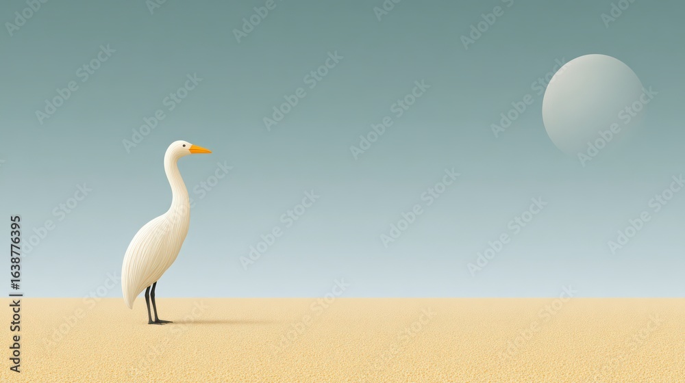 Obraz premium White egret standing on sandy beach with moon in hazy sky bird cloud fog