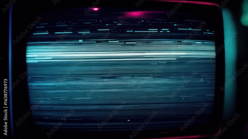 Obraz premium Luminous Cyan Scan Lines Glitching Across a Vintage CRT Television Screen