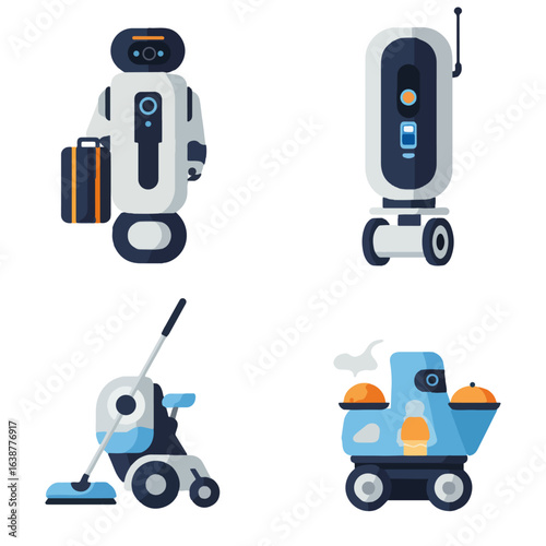 Flat vector illustration of cruise ship service robots