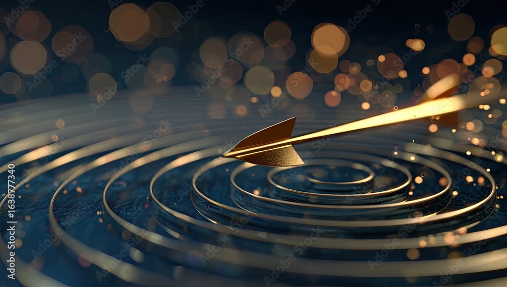 Fototapeta premium Golden arrow hitting target, dark background, success concept, marketing