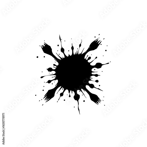 Abstract Black Ink Splatter Illustration on White Background, Expressive Design