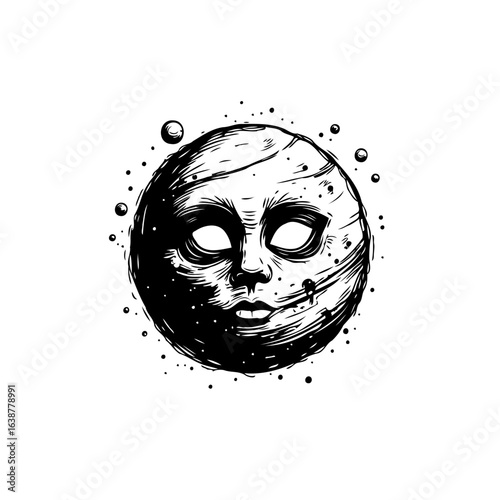 Eerie Celestial Face: A Black and White Illustration of a Supernatural Being