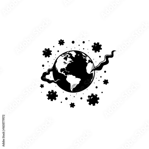 Global Crisis: A symbolic illustration of the earth surrounded by virus and smoke
