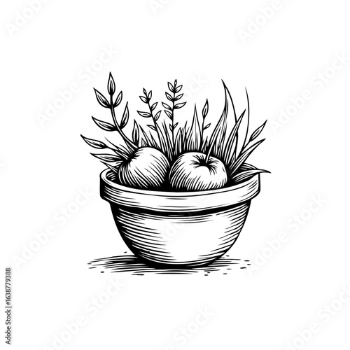 Elegant hand-drawn illustration featuring apples and plants in a pot, simple design