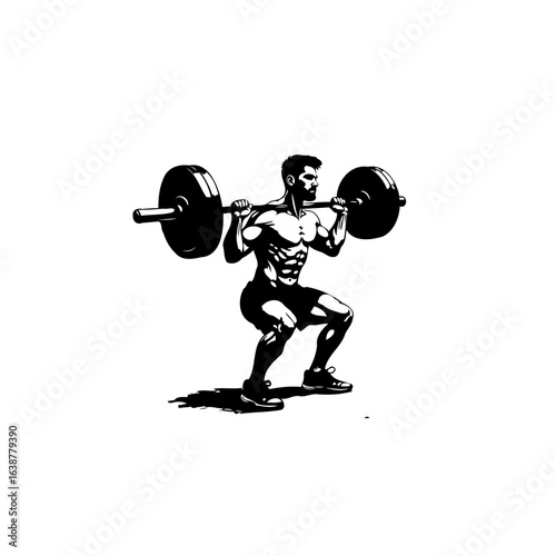 Strong athlete performing barbell squat in black and white style fitness illustration