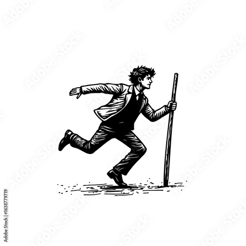 Energetic monochrome illustration of a man running with a stick in a hand-drawn style