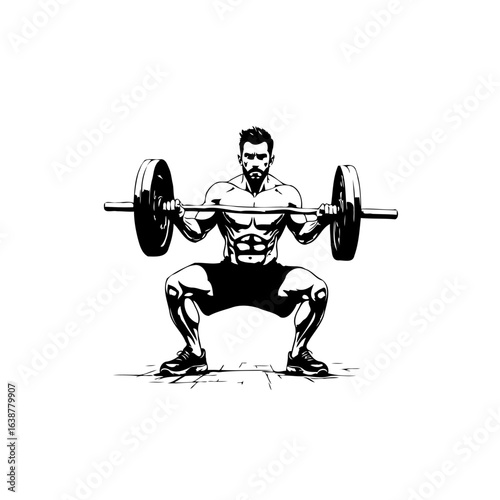 Monochrome artwork illustrating a muscular man performing a barbell squat exercise