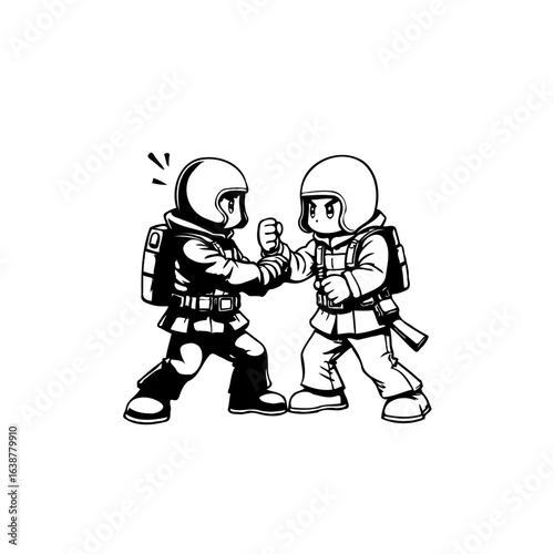 Cartoon firefighters high-fiving, symbolizing teamwork and camaraderie among emergency responders