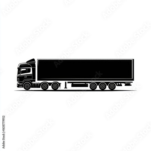 Silhouette of a large cargo truck.  Simple, vector graphic of a semi-truck,  black on white background,  showing side profile.  Long rectangular trailer.  Multiple axles.  Commercial vehicle