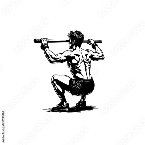 Man performing barbell squats illustration emphasizing strength and fitness routine