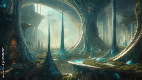 Futuristic Sanctuary of Flowing Organic Towers and Celestial Light