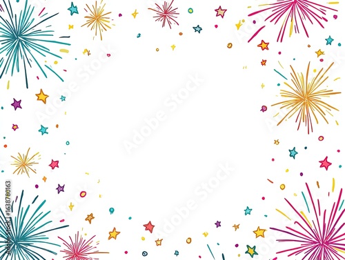 Colorful fireworks and stars border on white