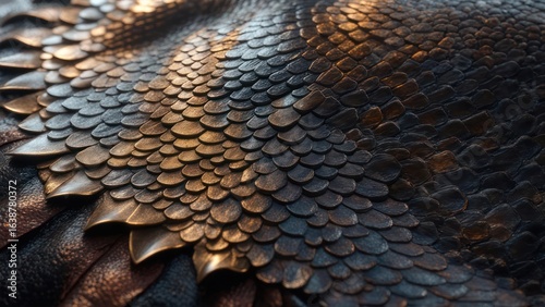Macro View of Textured Dark Scales with Warm Golden Highlights
