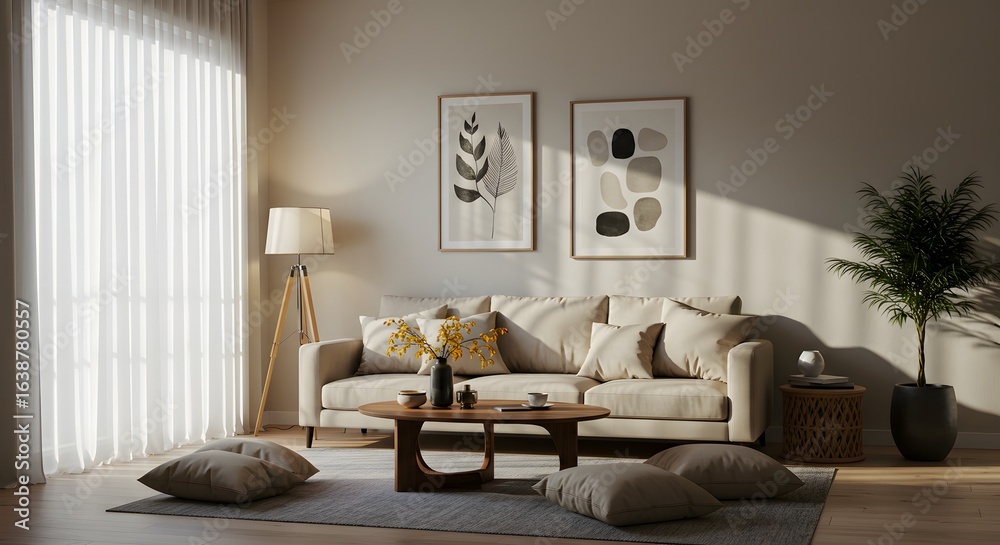 Fototapeta premium Cozy Living Room with Modern Sofa, Floor Lamp, and Abstract Art