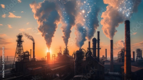 Industrial Sunset: Factory Smoke Transforms into Sparkling Celestial Dust.