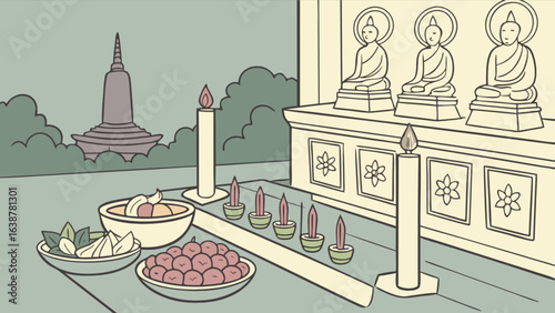 Buddhist temple offering with buddha statues candles and food religious ceremony and tradition vector art