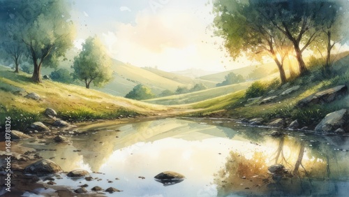 Tranquil Watercolor Landscape with Golden Sunset Glow and Reflecting Pond Amidst Rolling Hills