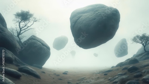 Surreal Floating Rocks Landscape with Misty Atmosphere and Barren Trees