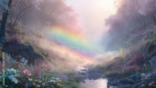 Pastel Rainbow Arches Through a Misty Glen of Blooming Wildflowers