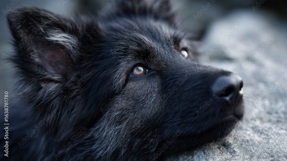 Naklejka premium Close up of a black dog's face with piercing brown eyes looking upwards