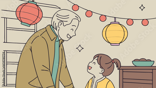 Grandfather and granddaughter celebrating chinese new year with lanterns and family tradition together
