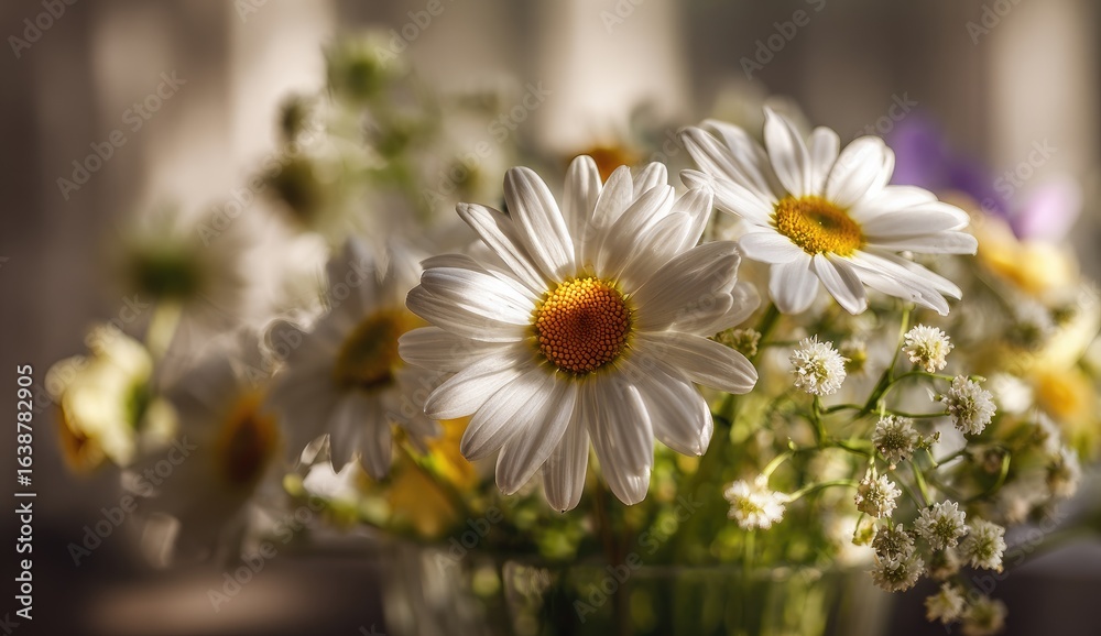 Obraz premium Sunlit Daisies in Vase, Window Background, Spring Bouquet