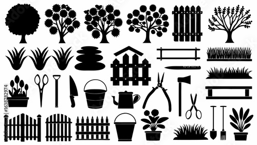 Silhouette illustration of various garden elements including trees plants tools and garden structures design elements