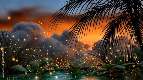 Fireflies over water at sunset