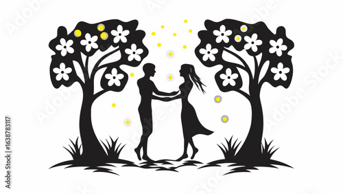 Silhouette of a couple holding hands under flowering trees with glowing lights in the background