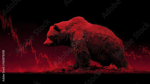 Crisis in finance depicted through bear market chart with falling prices and digital data