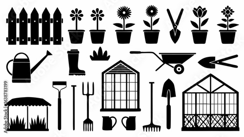Illustration of gardening tools and equipment including plants and garden structures isolated on white silhouette