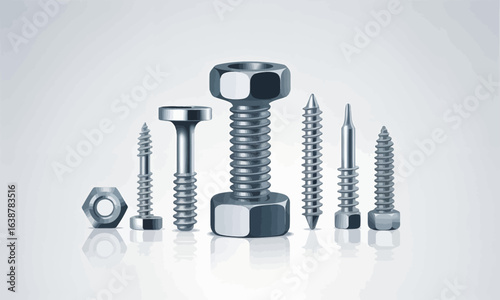 A detailed collection of various metallic screws, bolts, and a single hex nut, arranged in a row.