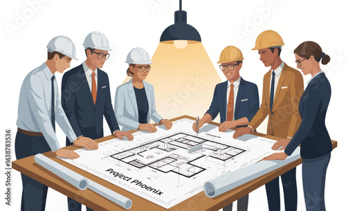 A diverse team of architects and engineers in hard hats reviewing the 'Project Phoenix' blueprint under a lamp.