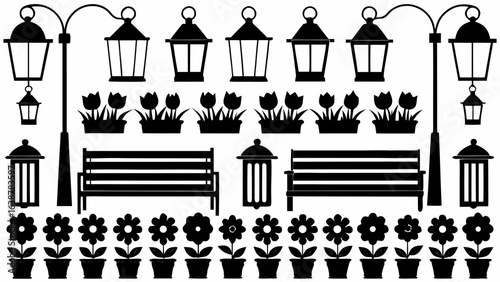 Silhouette of park elements including benches streetlights flowers and potted plants in a black and white design