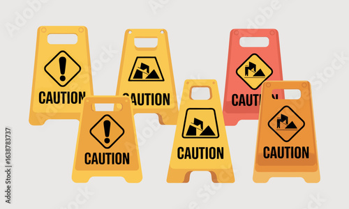 Collection of yellow, orange, and red A-frame caution signs with falling hazard and exclamation mark pictograms.