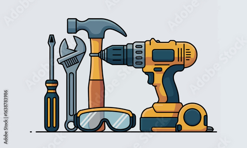 Set of Illustrated Hand Tools in Flat Design Style