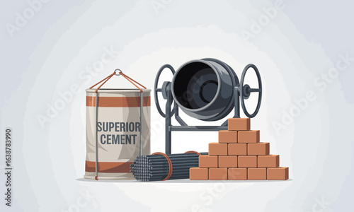 Set of construction materials: cement mixer, steel rebar bundle, stacked bricks, and a bag of cement.