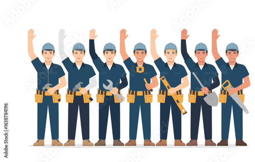 Team of friendly construction workers in blue uniforms and hard hats, waving and holding various tools.