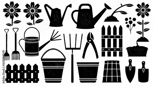 Illustration featuring gardening tools and plants including watering cans shovels and blooming flowers design 100 silhouette