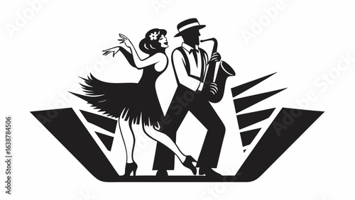 Silhouette of a jazz musician playing saxophone and a flapper dancer in a vintage style design element