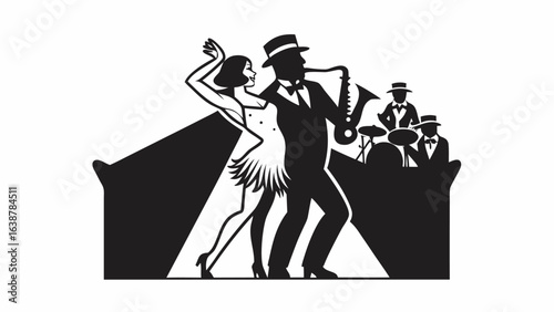 Silhouette of jazz band with saxophone player and dancing woman on stage with spotlight beams shining