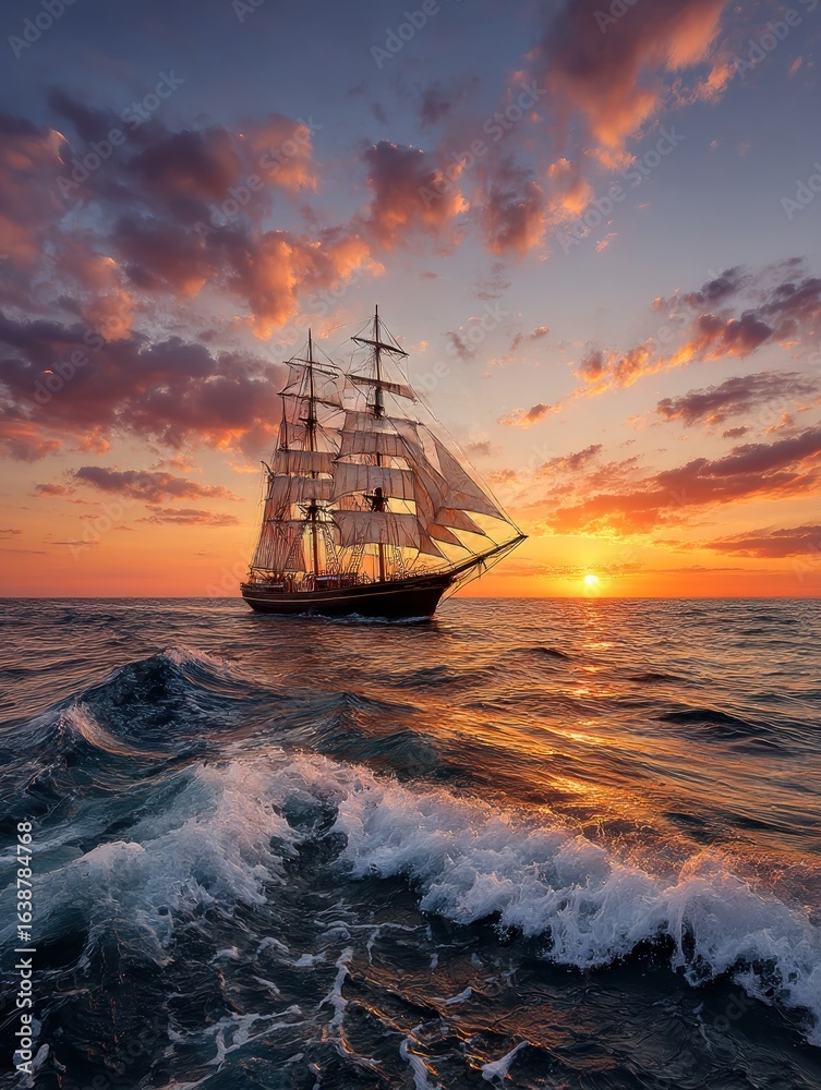 Fototapeta premium Sailing ship at sunset (1)