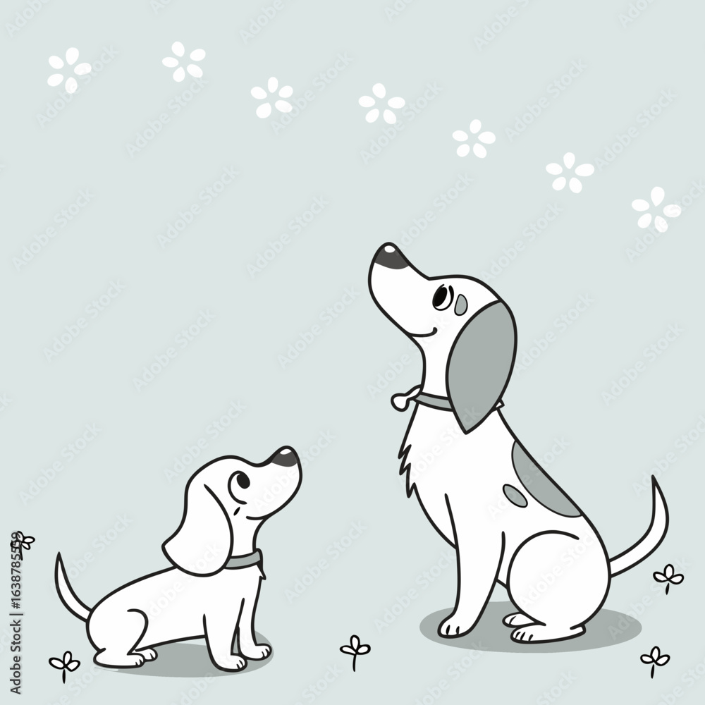 Obraz premium Cute but minimal cartoon spaniels, soft pastel blue background, clean aesthetic vector seamless 
